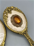 Antique Gold Tone Dresser Brush and Mirror With Citrine Colored Stone