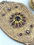 Antique Gold Tone Dresser Brush and Mirror With Amethyst and Colored Cut Stones