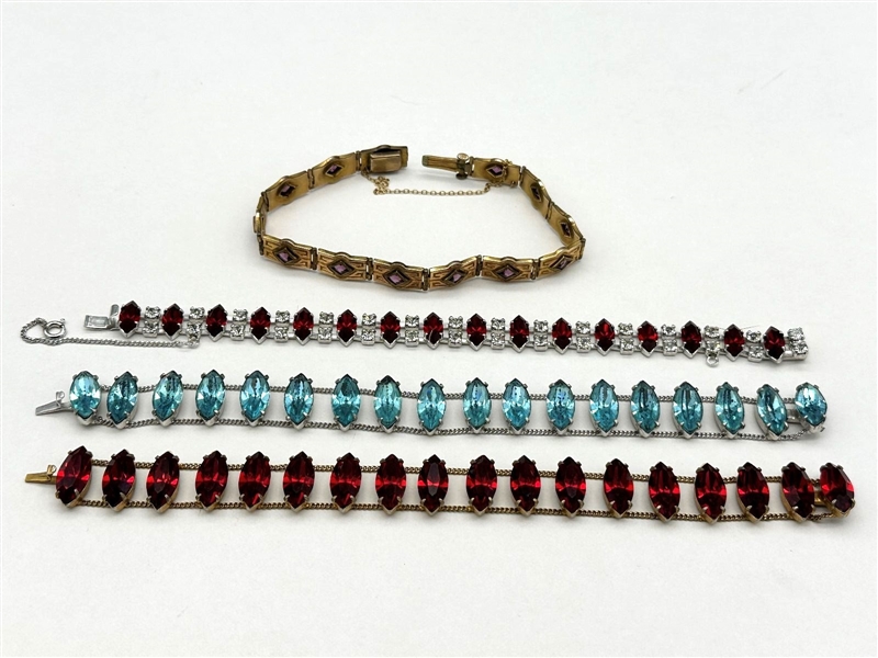 (4) Fancy Vintage Rhinestone Statement Bracelets: J.F. Sturdy