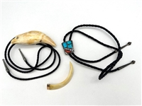 (2) Bolo Ties With Eagle Hand Carved Bone, and Zuni Sterling Silver and Turquoise