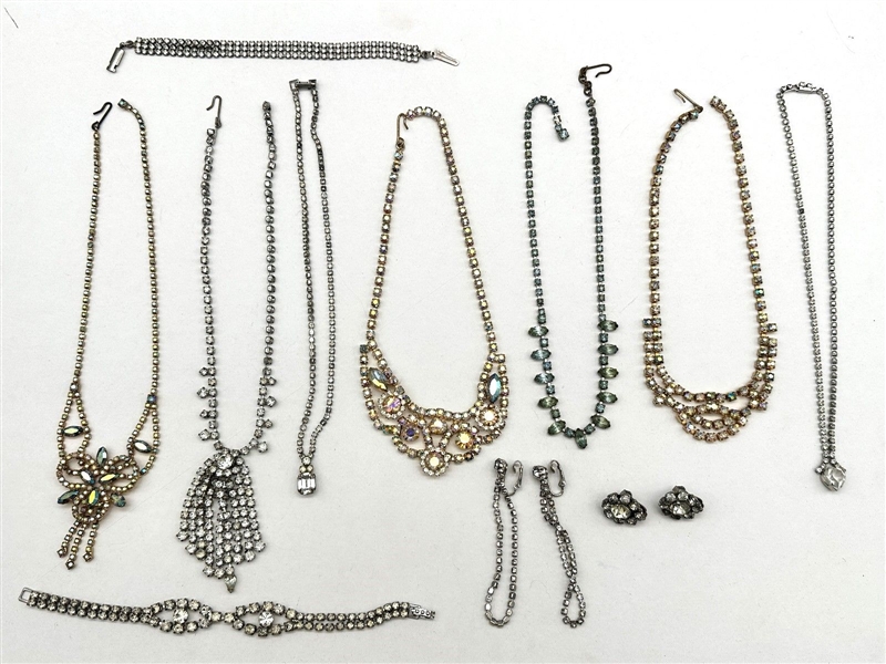 Group of Vintage Clear Rhinestone Jewelry; Necklaces, Bracelets, Earrings