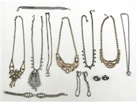 Group of Vintage Clear Rhinestone Jewelry; Necklaces, Bracelets, Earrings