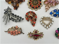 (24) Vintage Jewelry Brooches; Enamel, Rhinestones