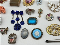 (38) Vintage Jewelry Brooches; Enamel, Rhinestones, Coral, Nephrite