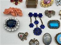 (38) Vintage Jewelry Brooches; Enamel, Rhinestones, Coral, Nephrite