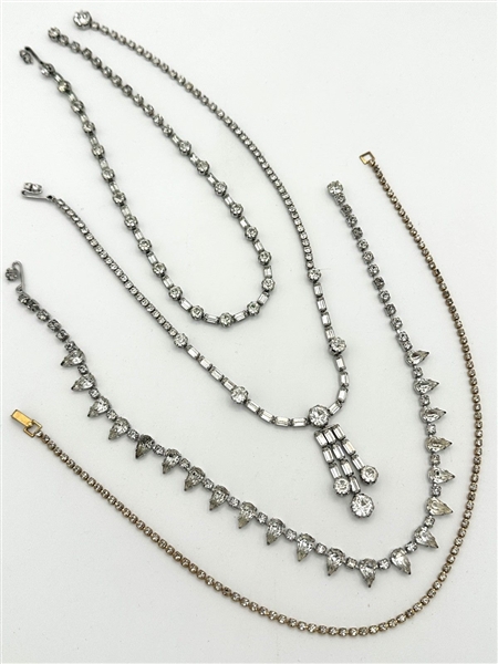 (4) Vintage Clear Multi Strand Rhinestone Necklaces: Kramer of NY, Weiss