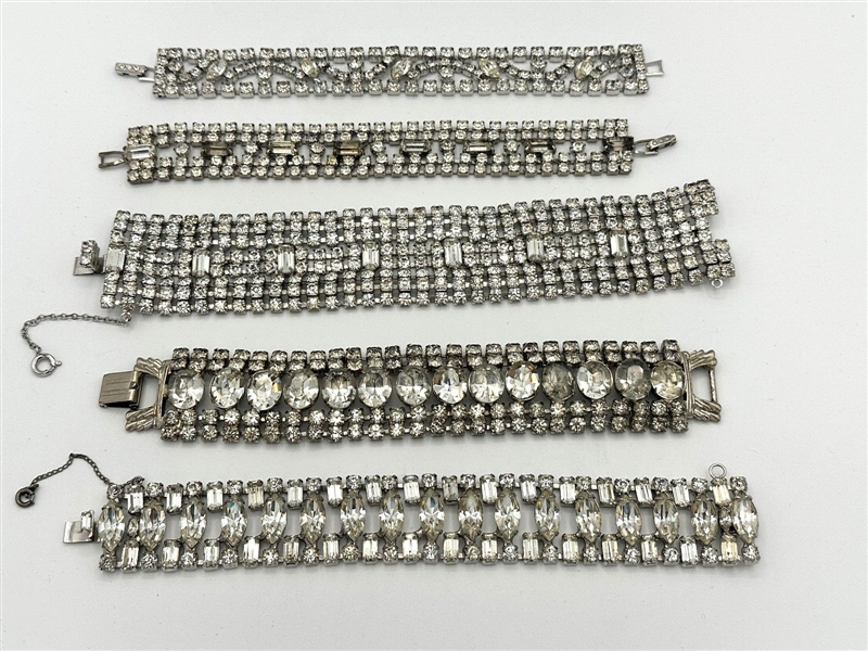 (5) Vintage Clear Rhinestone Multi Strand Bracelets