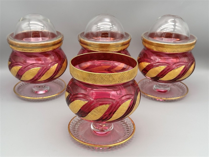 (4) Lidded Cranberry Gold Detail Seafood/Candy Dishes