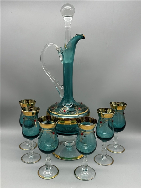 Empoli Italian Art Glass Decanter and Cordial Glasses Set
