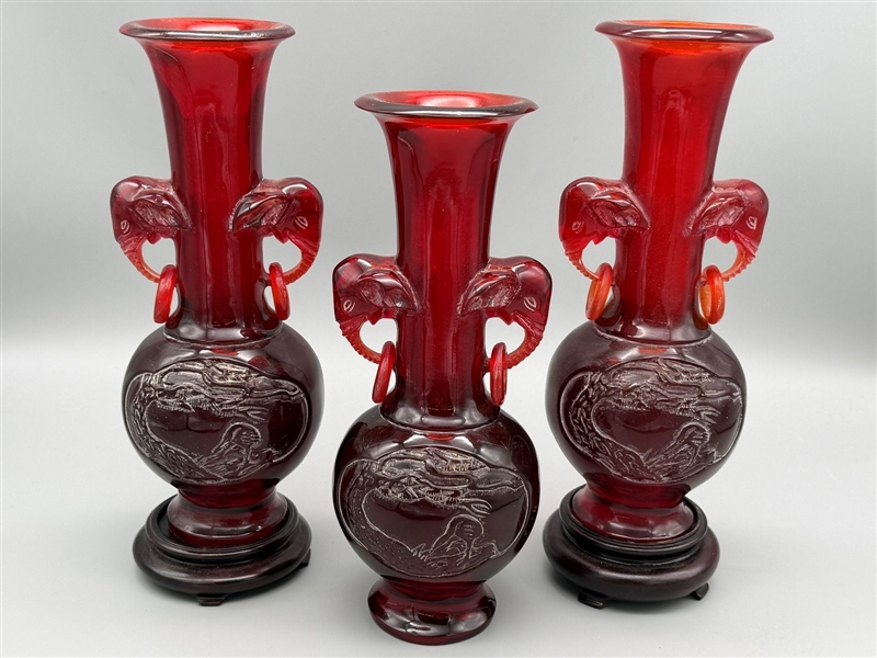 (3) Chinese Cherry Amber Vases Elephant Handles 