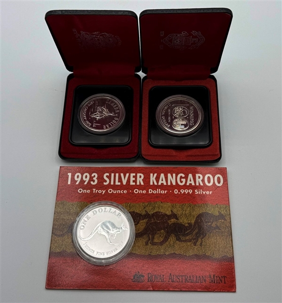 Group of (1) 1993 Australia Silver Kangaroo and (2) Silver Canada Dollars