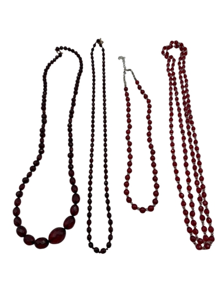 (4) Vintage Red Rhinestone, Carved Stone Necklaces