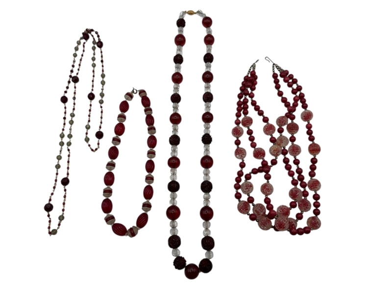 (4) Vintage Red Rhinestone, Carved Stone Necklaces