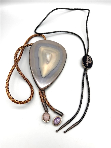 (2) Sterling Silver Bolo Ties: Massive Agate Polished Set in Silver