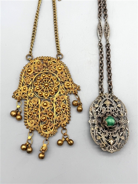 (2) Chunky Statement Costume Necklaces: Hasma Hand, Art Nouveau Peking Glass