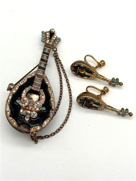 Unsigned Robert Mandel Gold Plated Sterling Silver Mandolin Brooch and Earrings Set