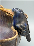 Majolica Free Form Pottery Bowl With Kingfisher, Plants and Frog.