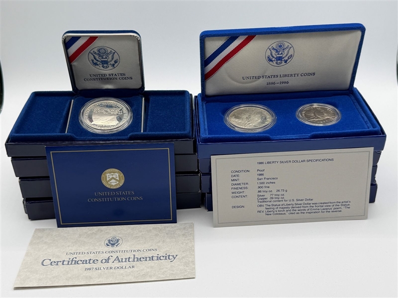 (3) 1987 US Constitution Silver Dollars, (3) 1986 Liberty Silver Dollar and Half Dollar Coins With COAs and Boxes