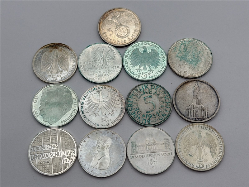 (13) German Reichmarks From .625 to .900 Silver