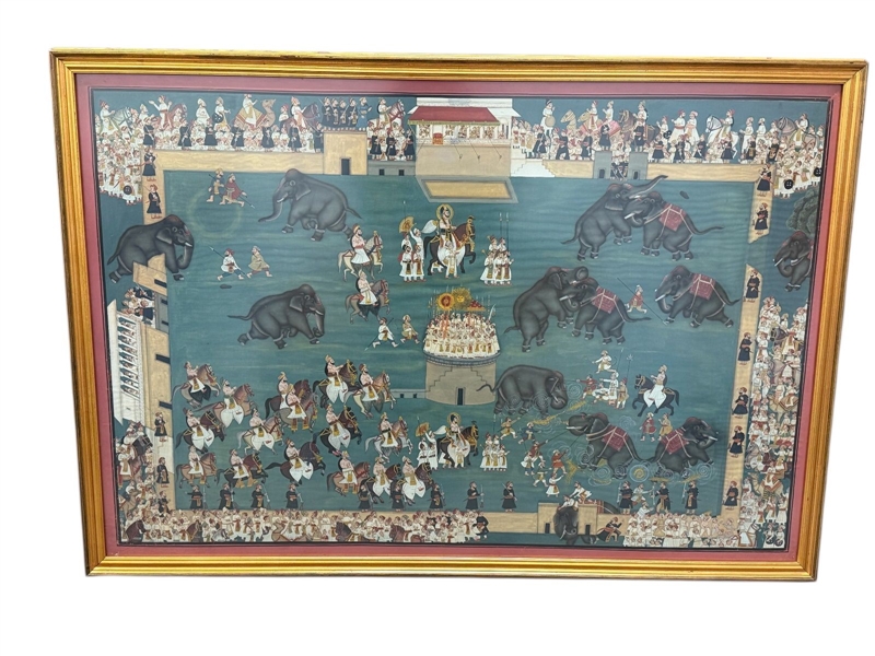 Rajasthani Mughal Art Elephant Fighting Painting on Silk