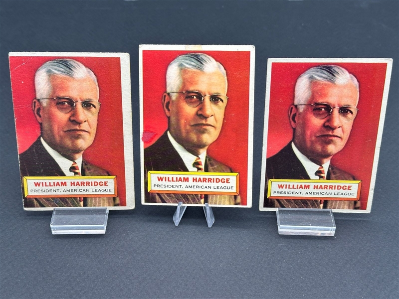 (3) 1956 Topps William Harridge #1 (2) Gray Back (1) White Back Baseball Cards