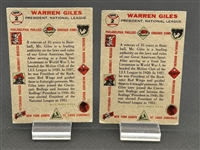 (2) 1956 Topps Warren Giles #2 Both gray Backs Baseball Cards