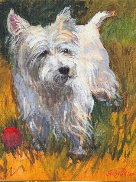 Jebby Potter Oil on Board Terrier Dog in Gilt Frame