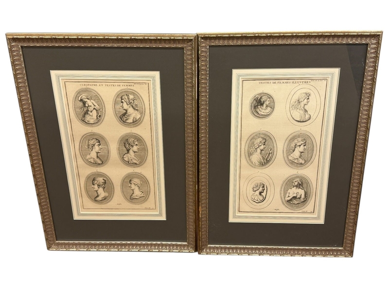 (2) 18th Century Portrait Heads of Women, Cleopatra Engravings Framed