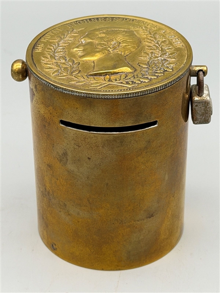 Prince Albert Cylindrical Brass Still Bank