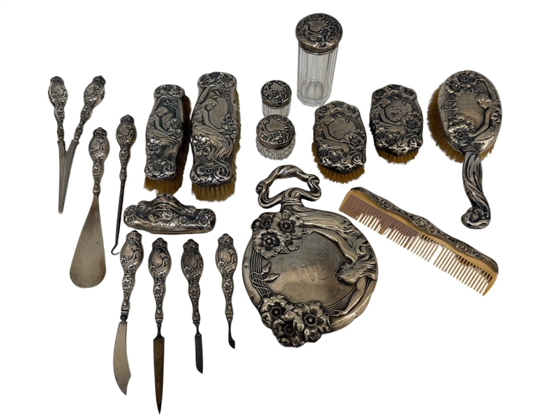 RARE (18) Piece Unger Brothers Sterling Silver Art Nouveau Dresser Set