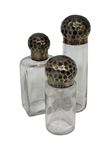 (3) 1901 Mappin and Webb Sterling Silver Hammered Top Glass Bottles