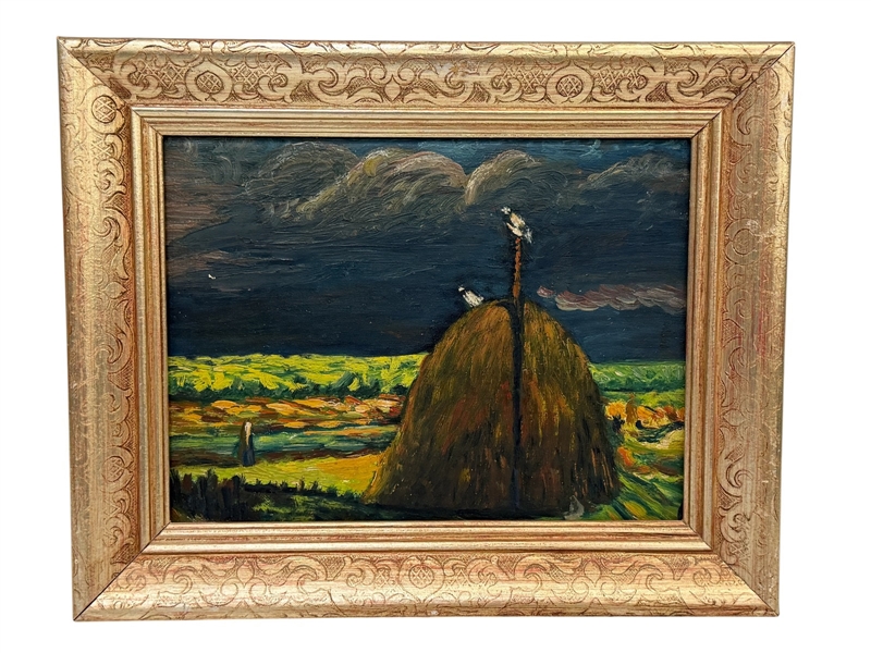 Unsigned Oil Haystack Under Cloudy Skies