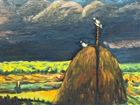 Unsigned Oil Haystack Under Cloudy Skies