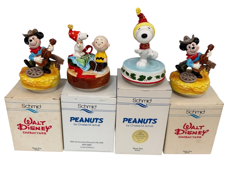 (4) Schmid Disney, Peanuts Music Boxes in Original Boxes