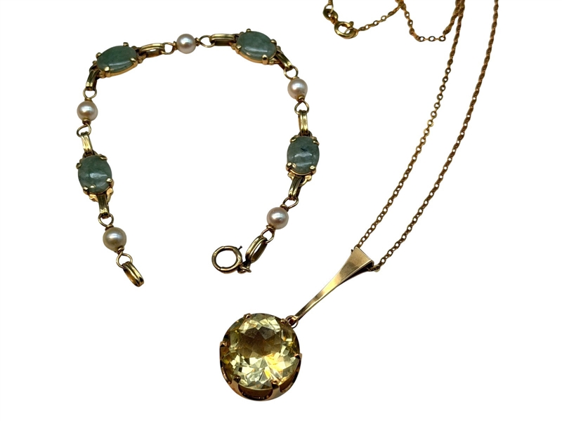 14k Gold Jade and Citrine Jewelry Necklace and Bracelet