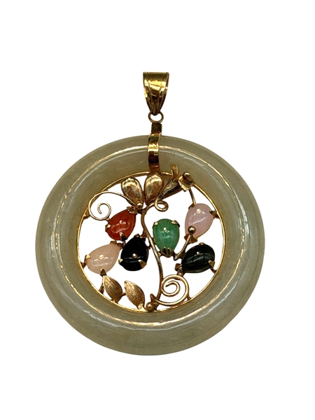 14k Gold Round Green Apple Jade and Stones Pendant