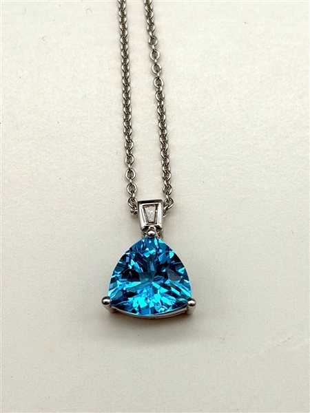 14k White Gold Blue Topaz and Diamond Pendant With Appraisal