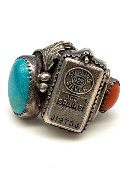 Southwest Sterling Silver Turquoise and Coral Holabird Ring