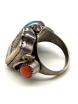 Southwest Sterling Silver Turquoise and Coral Holabird Ring