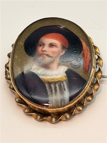 Hand Painted Portrait Brooch Gold and Gold Filled Bands