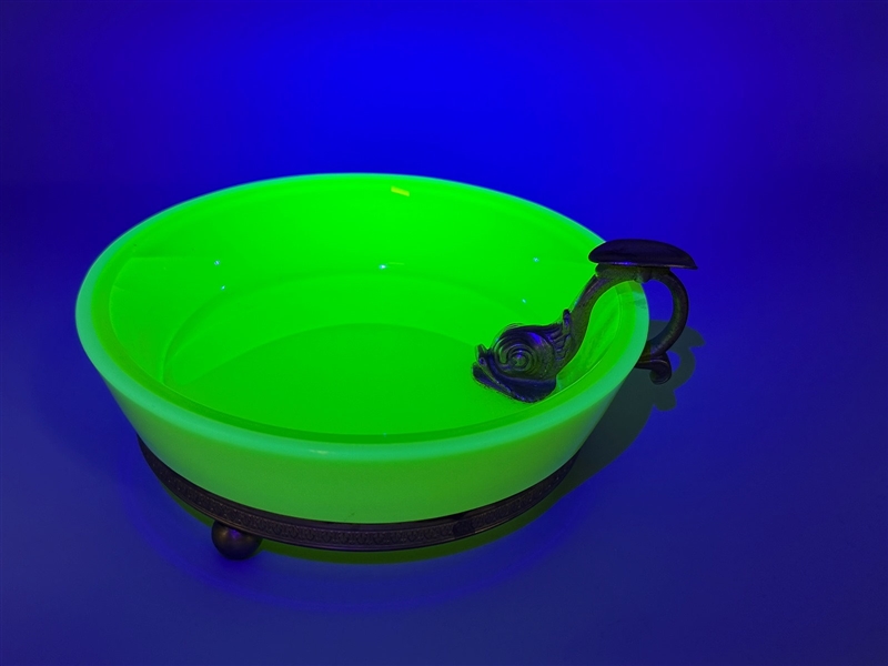 Uranium Glass Dolphin Ormolu Mounted Handle Ashtray