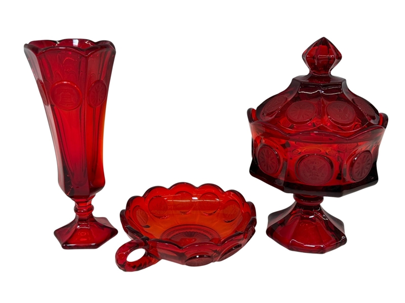 (3) Fostoria Ruby Red Coin Dot Glass Pieces