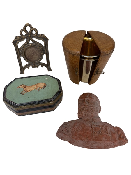 19th Century Hand Painted Dog Box, Kaiser Wilhelm Terracotta Bust, Brass Frame, Cup Carrier