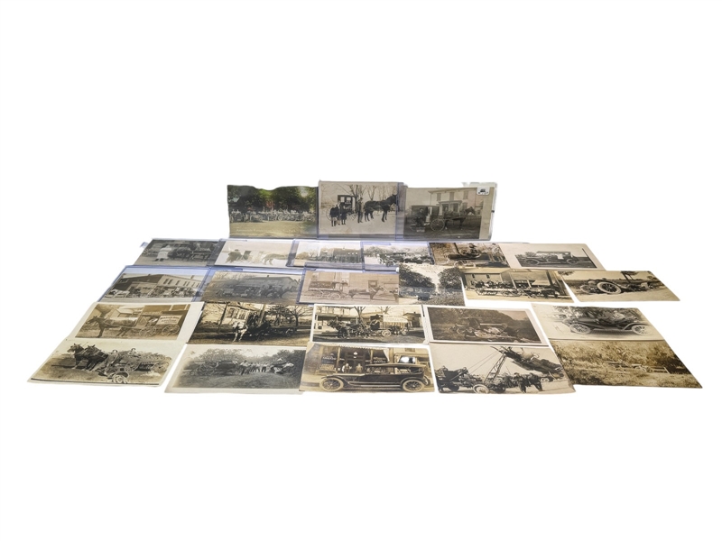 (25) Real Photo Postcards Wagons, Horses, Cars, Grocers