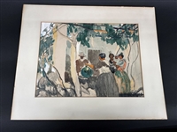Original Watercolor on Cardboard Getting Water at Well Signed