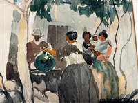 Original Watercolor on Cardboard Getting Water at Well Signed