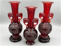 (3) Chinese Cherry Amber Vases Elephant Handles 