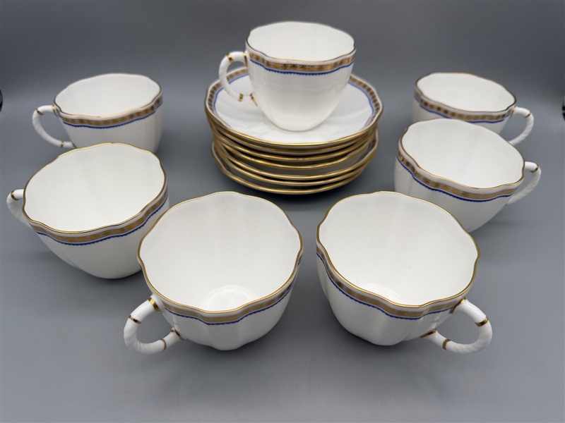 (7) Royal Crown Derby Tea Cups and Saucers; Carlton Blue