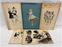 (5) Edward Dobrotka Hand Painted Sketches Ice Skaters, Auto Race and Expression Studies