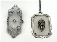 (2) Camphor Glass Pendant with Chain and Brooch With Diamond
